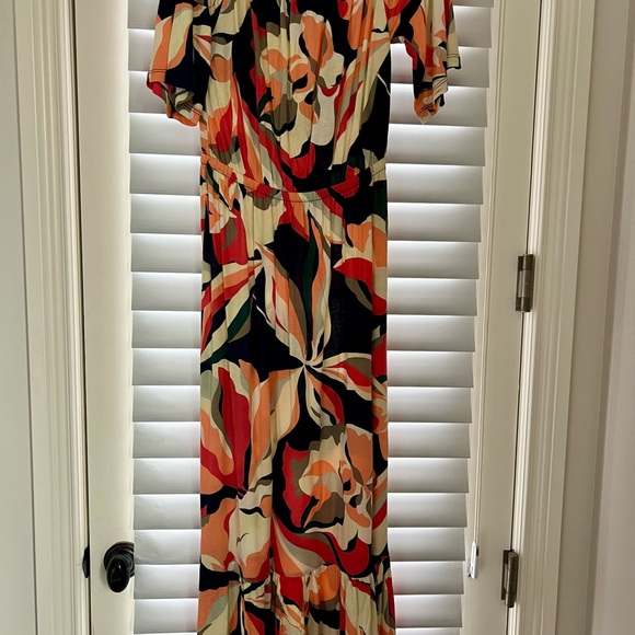 VENUS Off-Shoulder Maxi Dress in Navy, Coral, Cream & Green Print - Picture 2 of 5